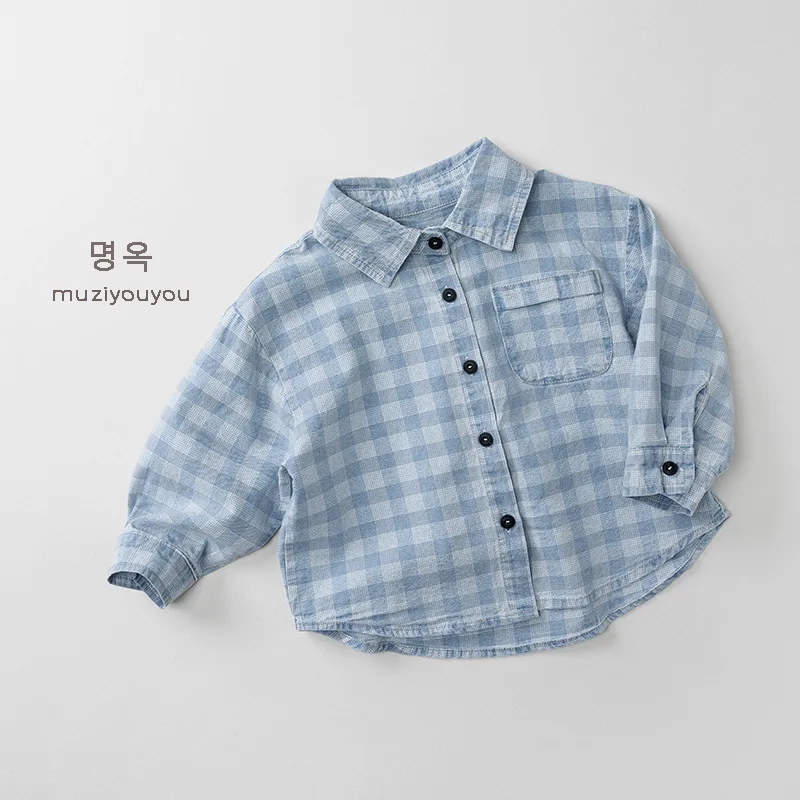 Boys and girls checkered denim shirt 2026 spring new item children's baby cardigan jacket Korean children's clothing outer