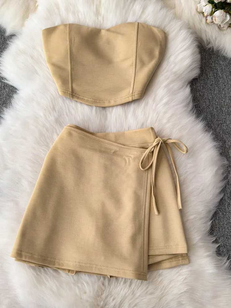 

Foamlina American New Chic Spice Girl Casual Sport Tube Top + High Waist Drawstring Split Hip Skirt Pants Shorts Set for Women