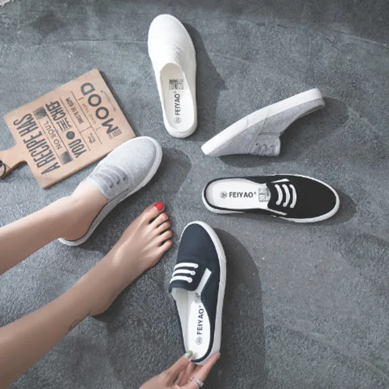 Women's Shoes 2023 New In Half Canvas Slippers Korean Men's Breathable Summer White Casual Sandals Board Zapatillas De Mujer