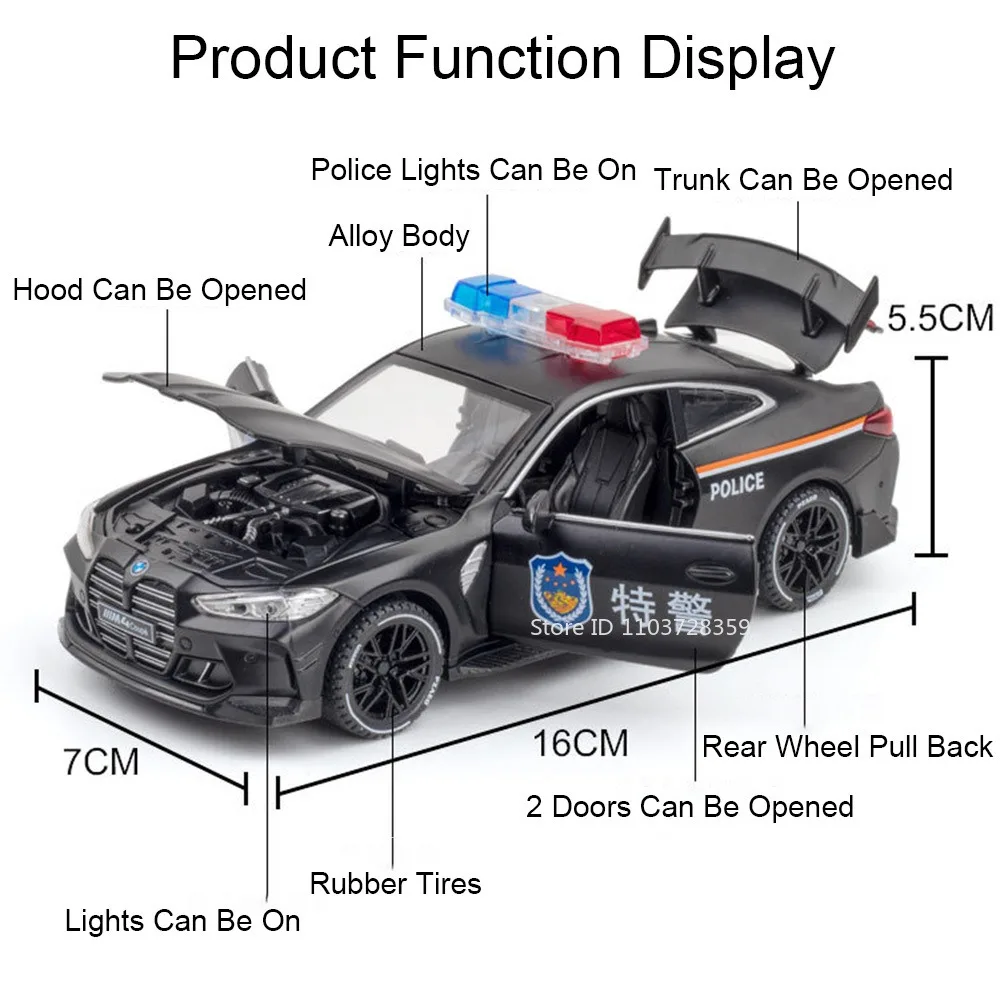 Modelo de coche de policía Hellcat M4 a escala 1:32, juguetes de aleación, sonido fundido a presión, puertas ligeras, vehículos de simulación abiertos, regalos de navidad
