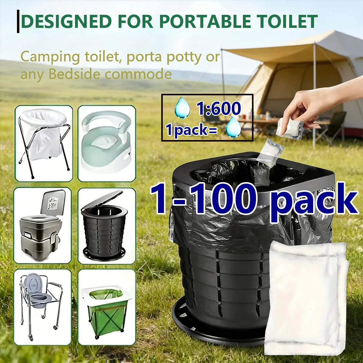 1-100pack Poo Powder Poo Gel Camping Toilet Eco Absorbent Gel Liquid Waste Gelling Deodorizing Powder for Travel
