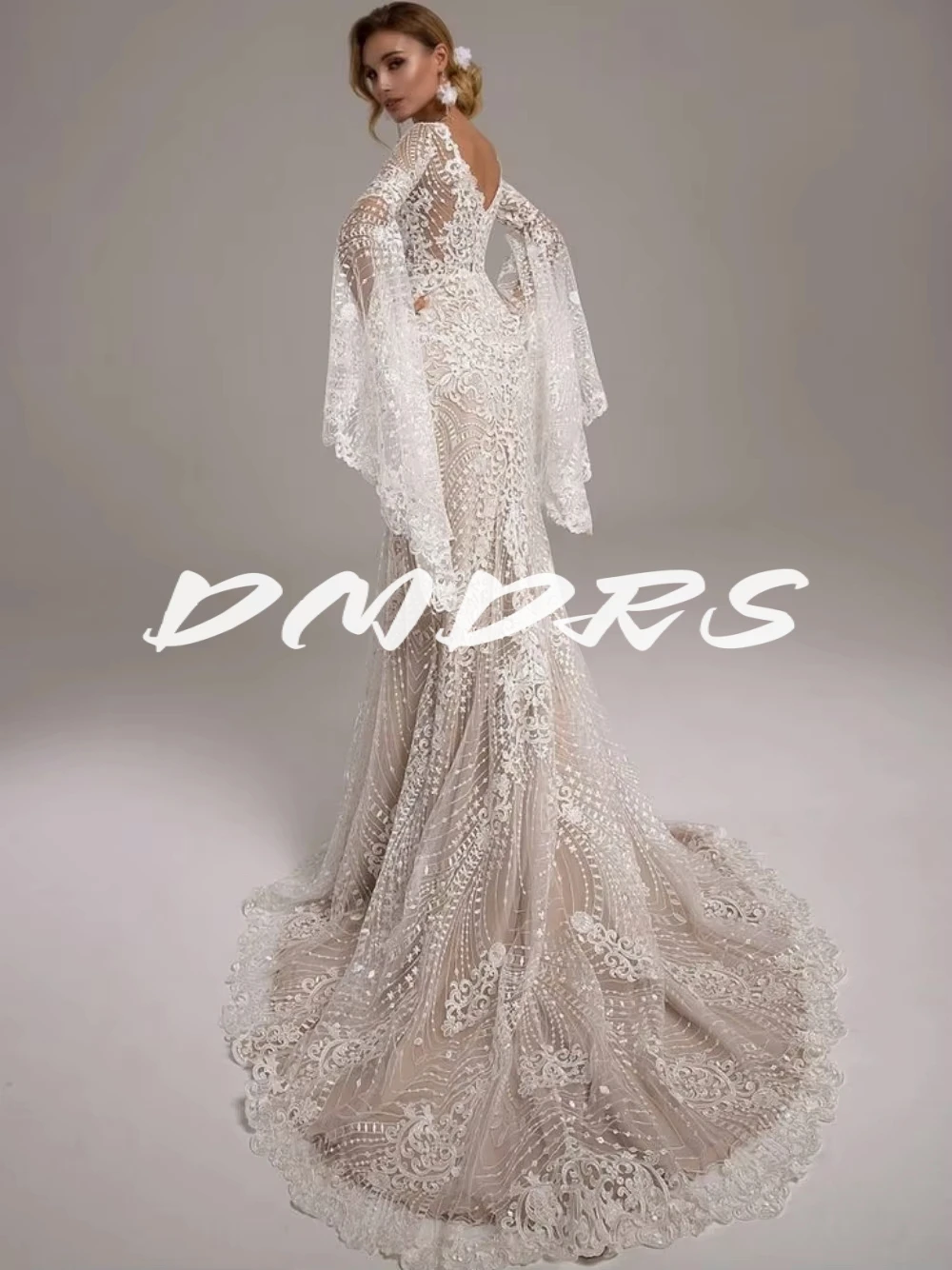 

Elegant V Neck Champagne Lining Wedding Dresses Boho Lace Mermaid Dress For Bride Sexy Side Slit Bridal Gown Customized