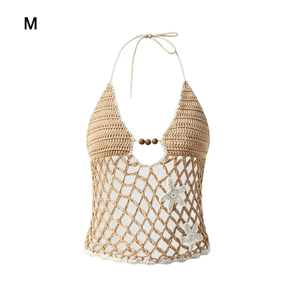 Backless Design Halter Lace Up Vest Beading Embellished Lace Up Closure Hollow Out Swim Camis Hollow Out Texture Handmade Craft
