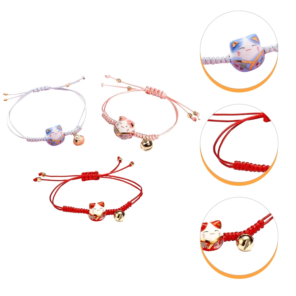 

3 Pcs Cat Bracelet Neko Bead Cartoon Knitted Chain Girls Wrist for Women Couples Bracelets Luck Braided