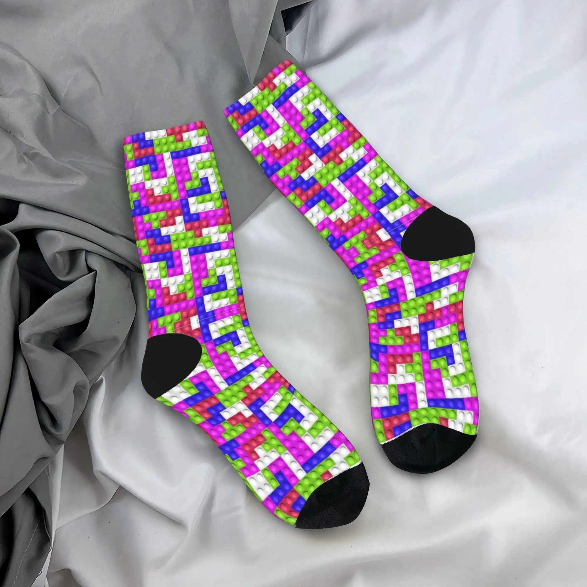 Purple Green Pink Building Blocks Stockings  Printed Funny Socks Winter Anti Sweat Socks Women Men Climbing Breathable Socks