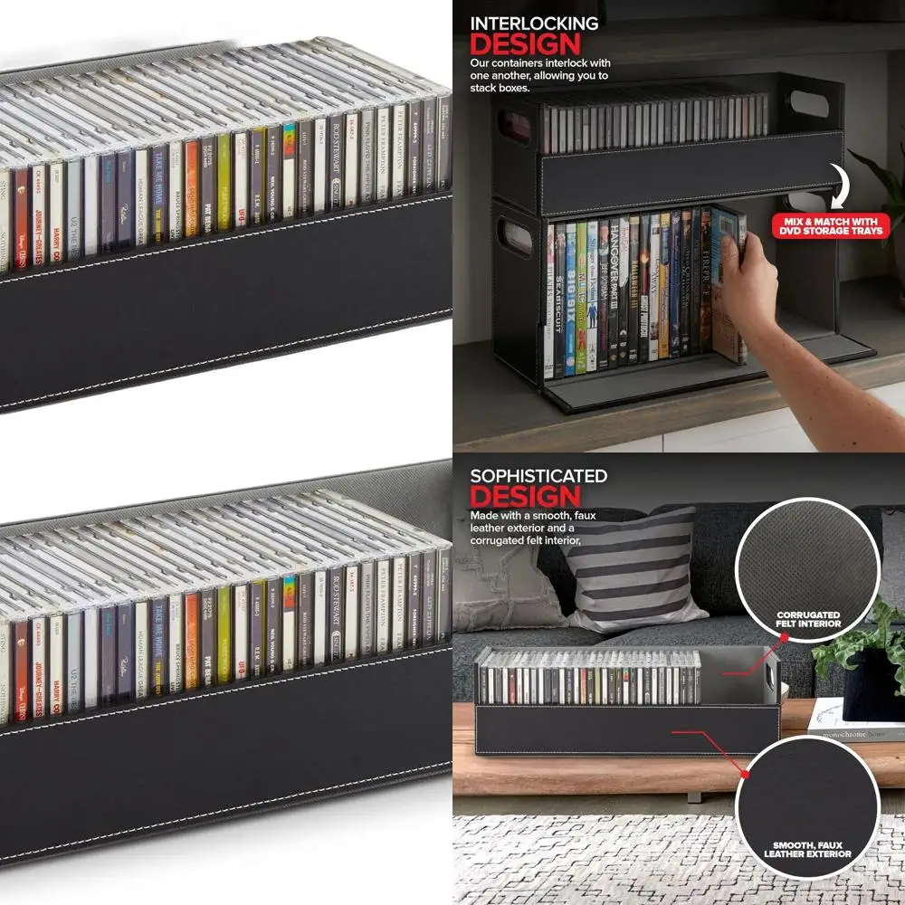 

Полка-органайзер для компакт-дисков с кожаным видом на 40 дисков, футляров для фильмов и кассетных лент (черный)