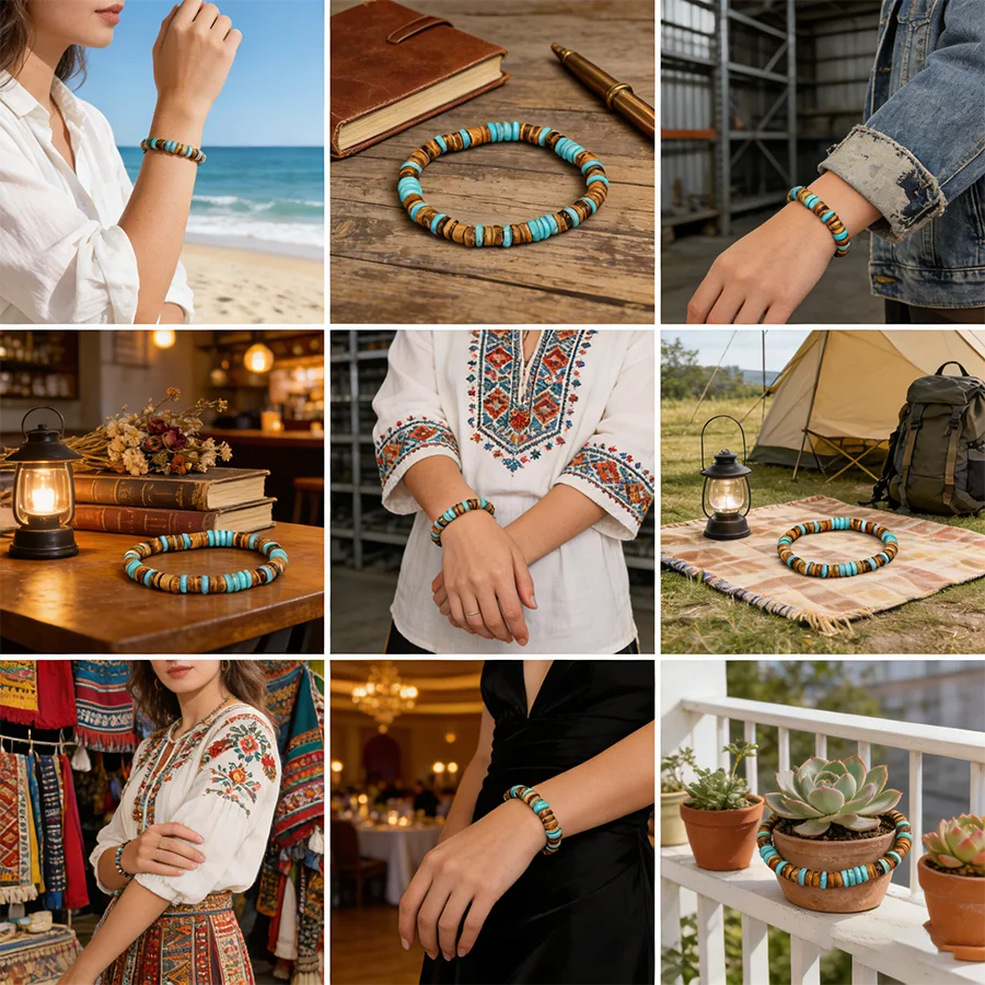 Noter Handcrafted Natural Coconut Beads Wooden Bracelet Unisex 4 Color Options Weightless Comfort Energy Healing Strand Braslet