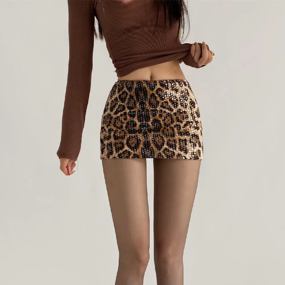 New 2025 Sexy High Waist Animal Snake Beading Sequins Skirt Women Package Hips Extra Mini Skater Skirt with Shorts Lining Gray