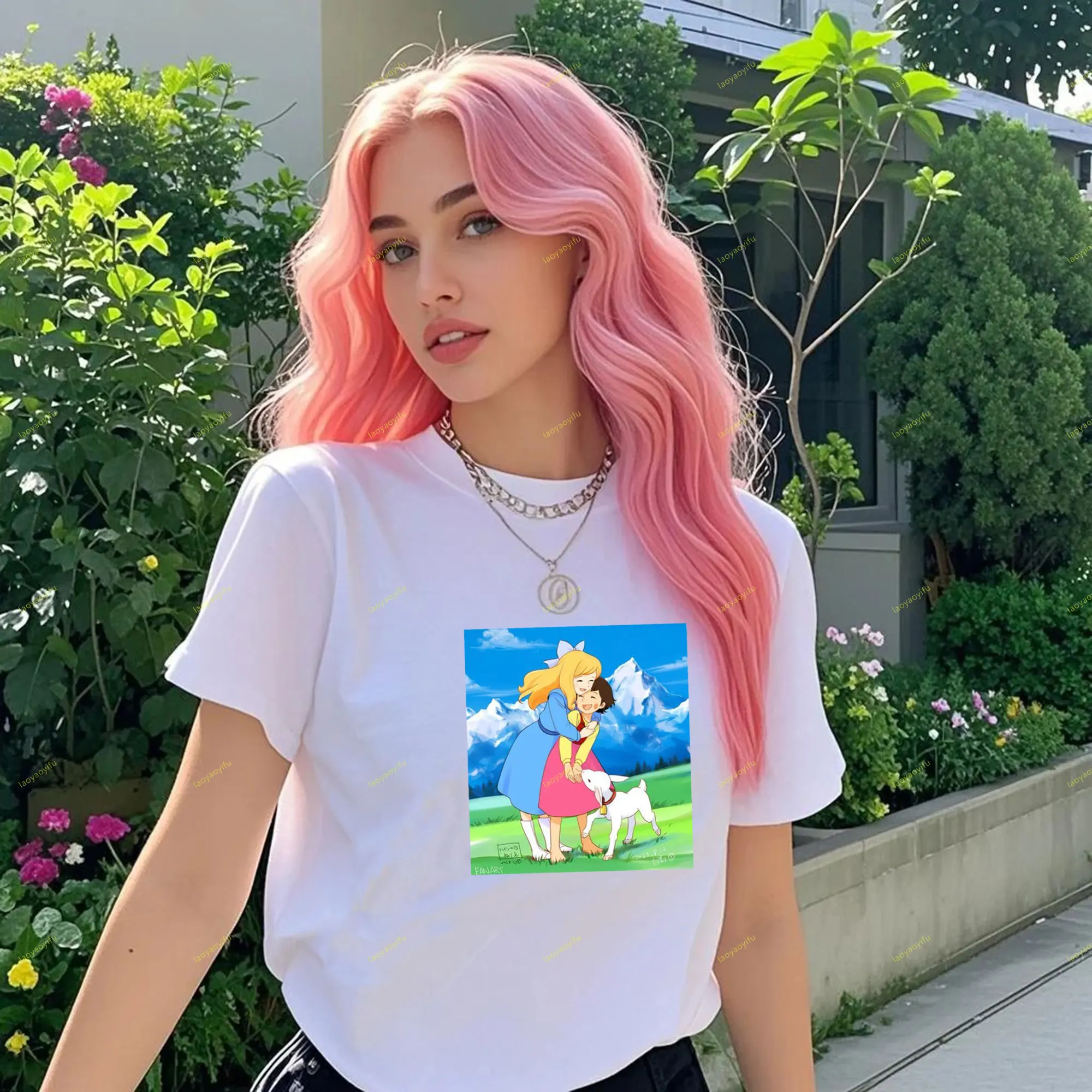 Heidi Dziewczyna z Alp Klasyczny wzór T-shirt z nadrukiem Krótki rękaw O-neck Klasyczny wzór Wysokiej jakości koszulki bawełniane