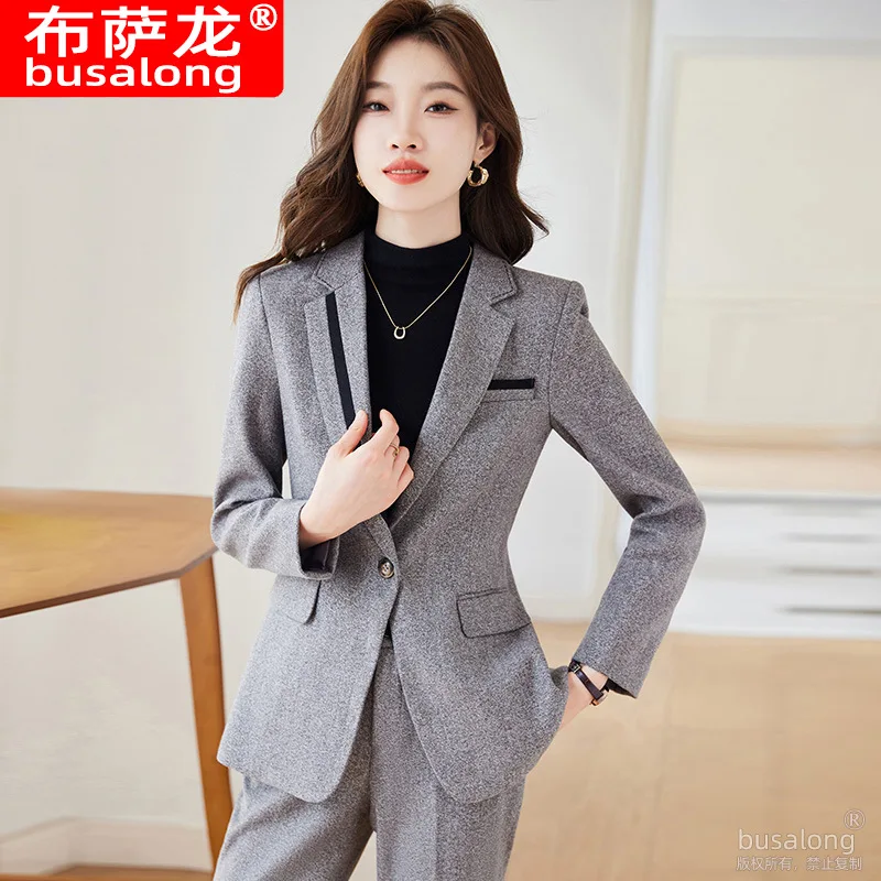 

Gray Suit Women's Autumn and Winter Career Apparel Temperament Goddess Style Suit Jacket Women's Coat Hotel Work Clothes