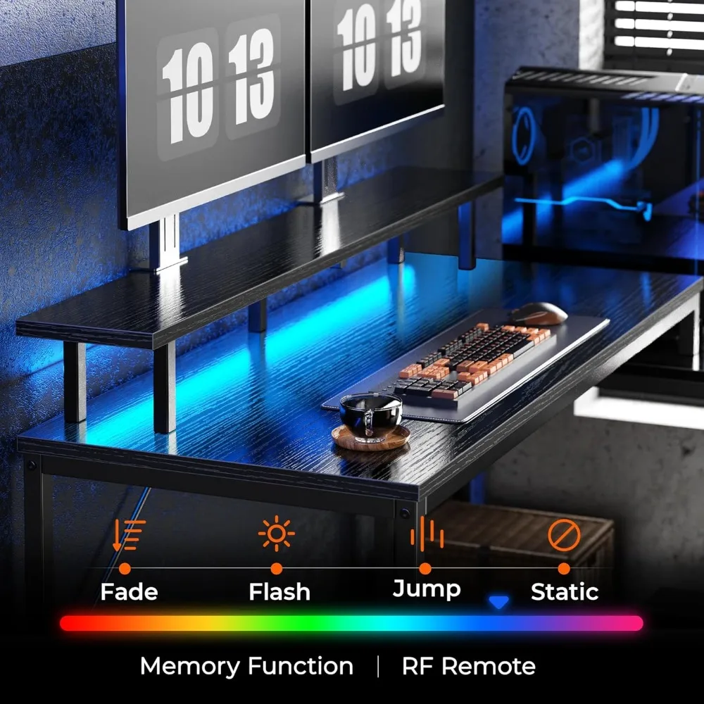 Reversível L Shaped Mesa do Computador com Gavetas, Mesa Gaming com Luzes LED e Tomadas de Energia