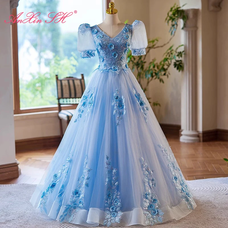 AnXin SH vintage princess rose flower blue lace v neck puff sleeve illusion stage ball gown lace up customized evening dress