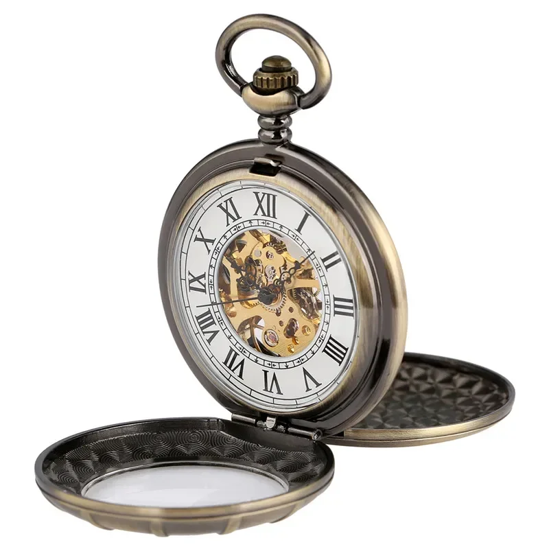 Vintage Hand Winding Mechanical Pocket Watch for Men Women Double Open Design Antique Pendant Chain Clock  with Roman Number