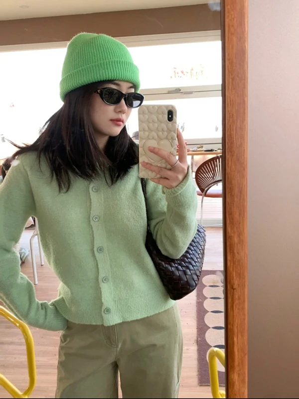 

Spring New Sle Korean een round Ne Circle Yarn Open Cardigan Sweater Healing Color ort Length Women's Knitwear