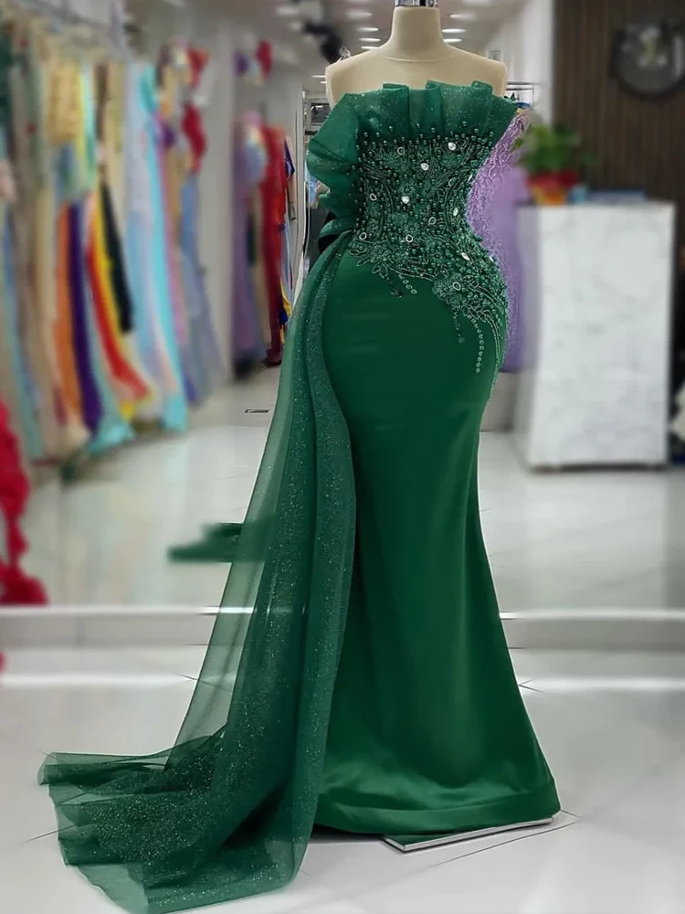 

Green Mermaid Prom Dress Beaded Crystals Appliques Evening Formal Party Second Reception Birthday Engagement Gown Robe De Soiree