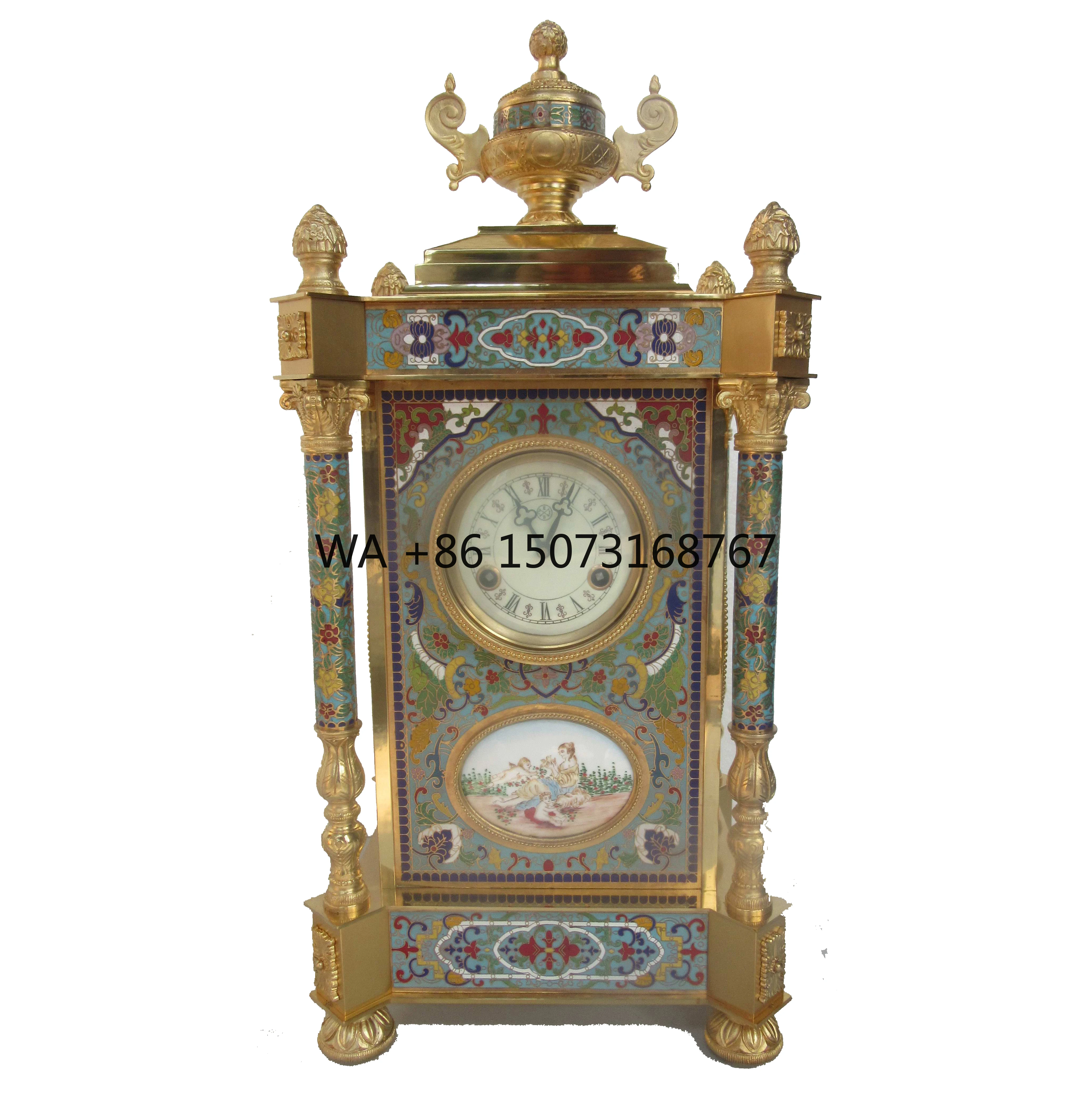 

Solid Brass Vintage Antique Gilt 19th French Style 15 Days Mechanical Movement Floral Blue Cloisonne Enamel Table/Desk Clock