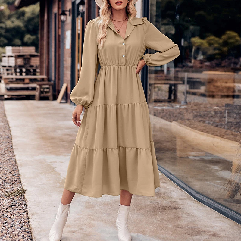 

Autumn Lapel Long Sleeve Casual Office Dress Elegant Solid Color Button High Waist Dress Spring Simple Holiday Ruffle Long Dress