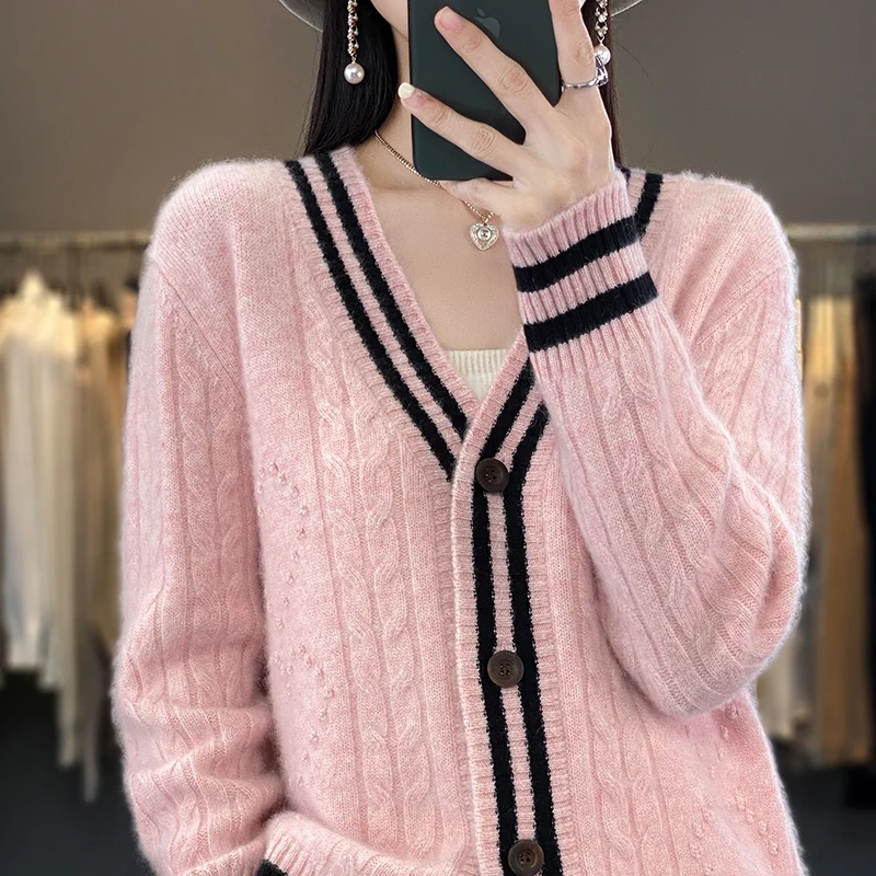 100% pure wool cardigan coat female autumn and winter new V-neck Korean cashmere sweater loose knit coat female