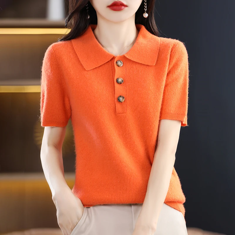 

New High-End POLO Collar 100 Pure Wool Women's Pullover Button Cashmere Loose Slimming Short Sleeve Solid Color Lapel Sweater 22