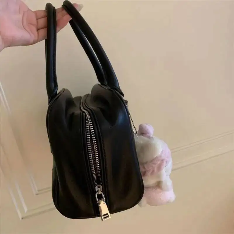 Bloom Retro Black Bowling Bags Purse Women New High Street Pu Leather Casual Y2k Hand Ladies Vintage Square Bag Aesthetic