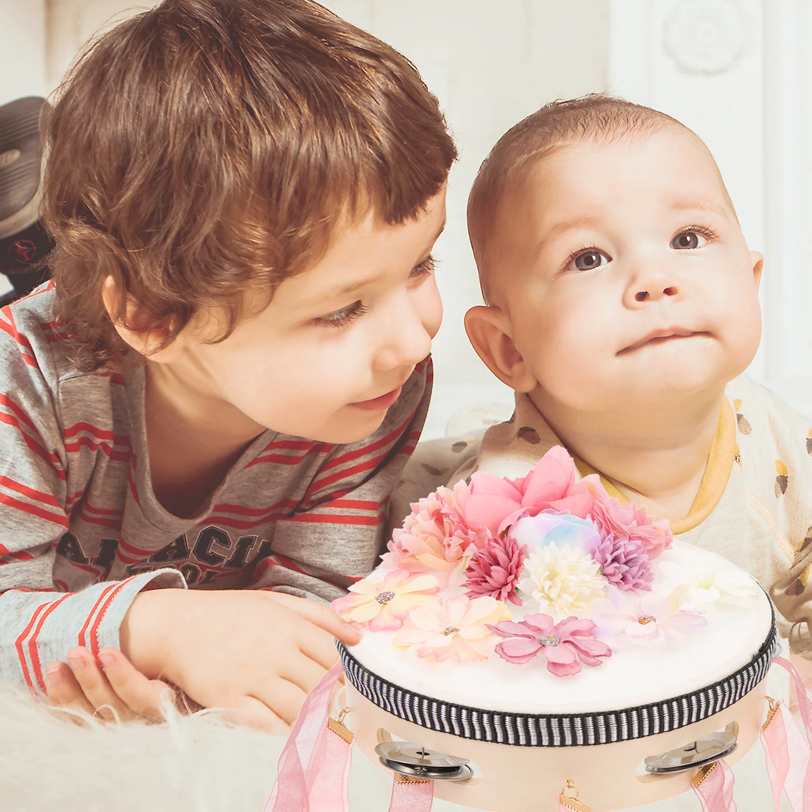 

Silk Flower Hand Drum Musical Instrument Lightweight Durable Toddler Educational Percussion Tambourine Noise Maker