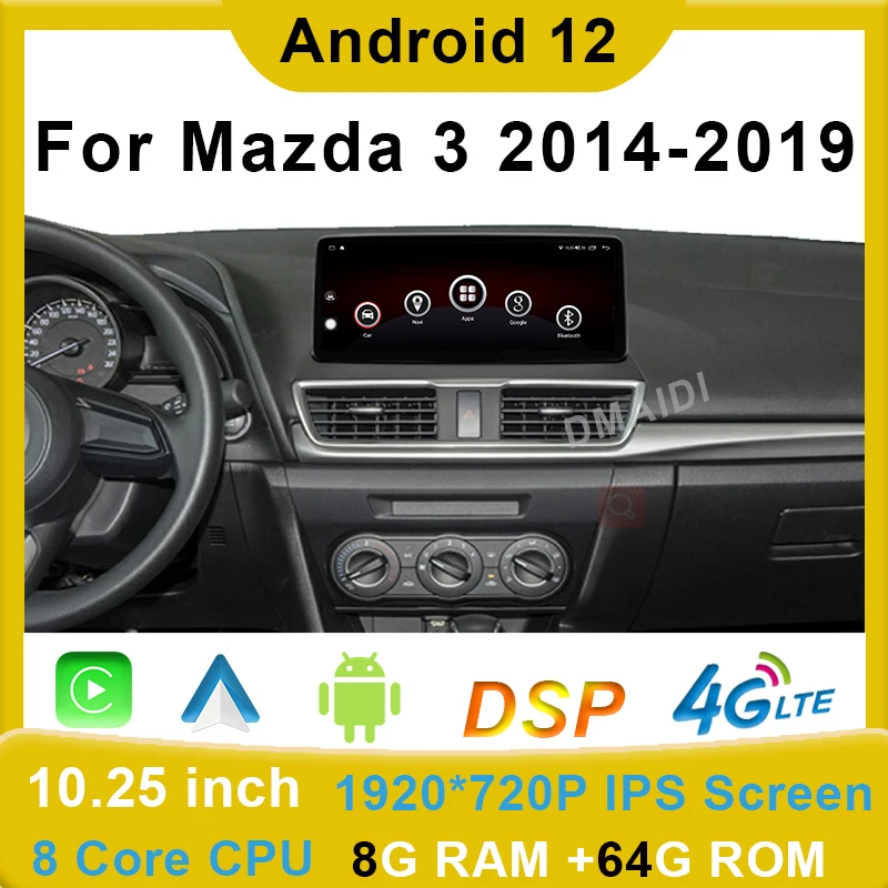 

Android 12 GPS Navigation Car Multimedia Player Wireless CarPlay Auto For Mazda 3 2014-2019 With WiFi 4G LTE HD LCD Touch Sceen