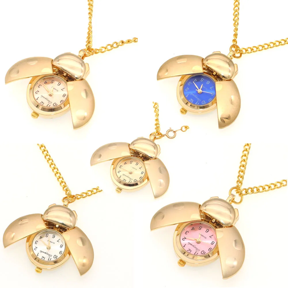 Novo relógio de estudante, joaninha dourada, relógio de colar feminino, relógio pendurado de concha, relógio de quartzo