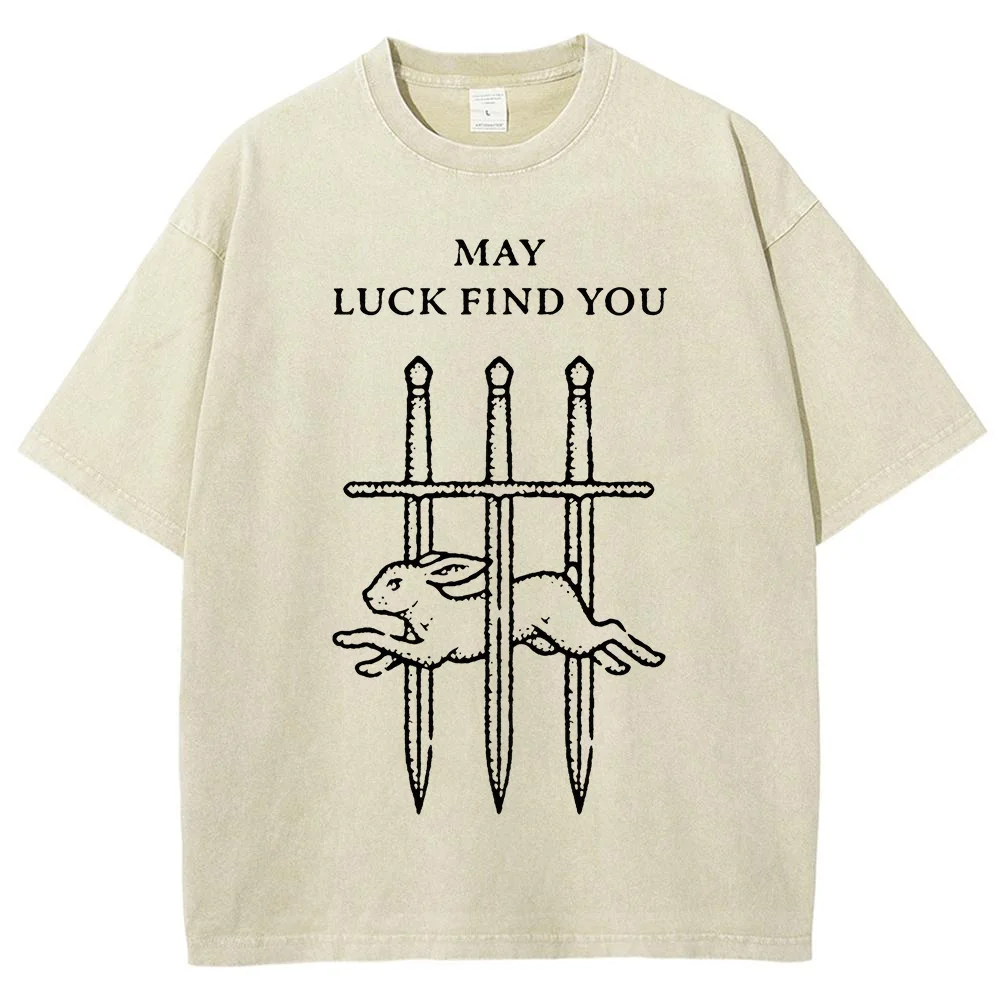 Men May Luck Find You Rabbit Sword Print T Shirt Vintage Distressed Graphic Tee Summer Short Sleeve Top Casual Streetwear