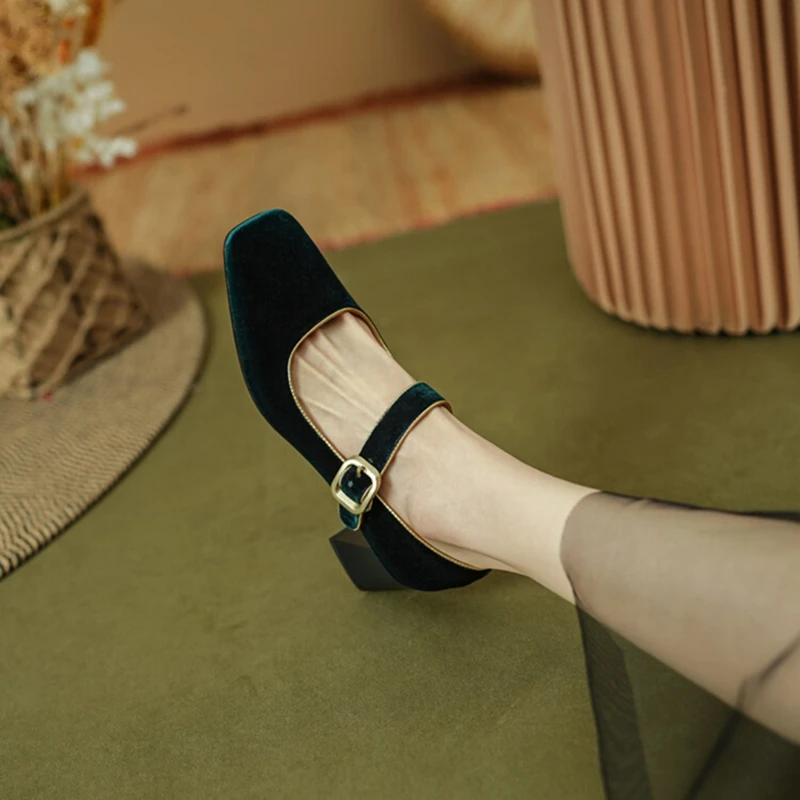 NEW Autumn/Spring Women Pumps Velvet Shoes for Women Square Toe Chunky Heel Women Shoes Simple Belt Buckle Dark Green Mary Janes