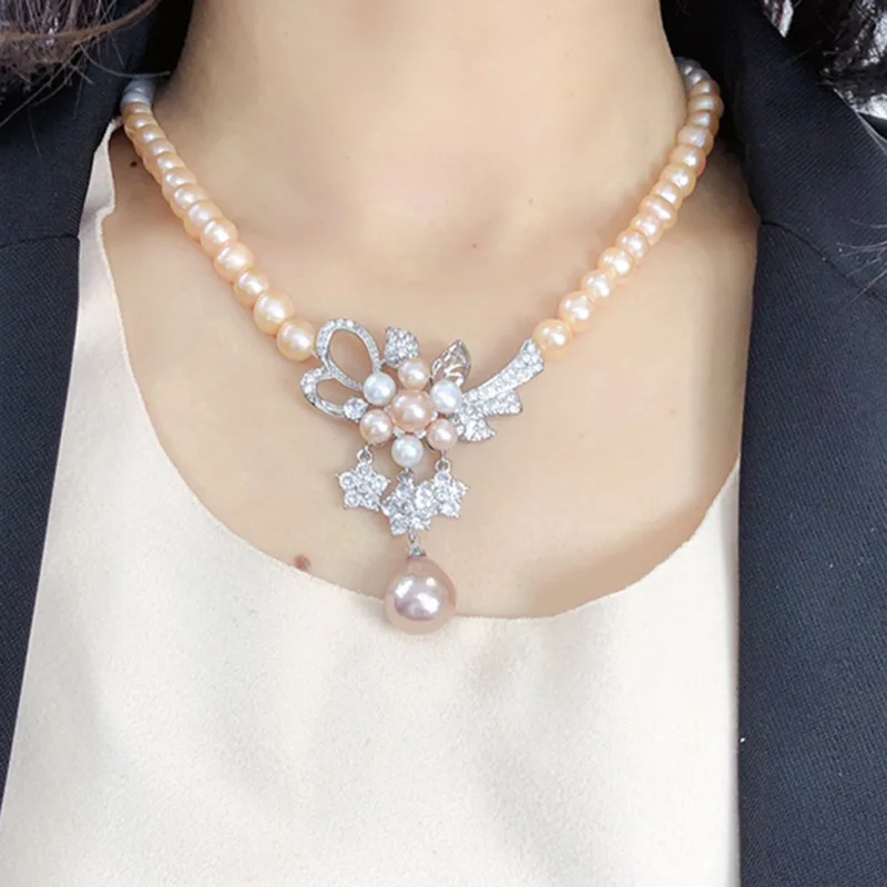 

Ожерелье из натурального светлого жемчуга оптом для женщин, универсальное белое, розовое, смешанного цвета, одноразовое, более модное, элегантное, на ключице