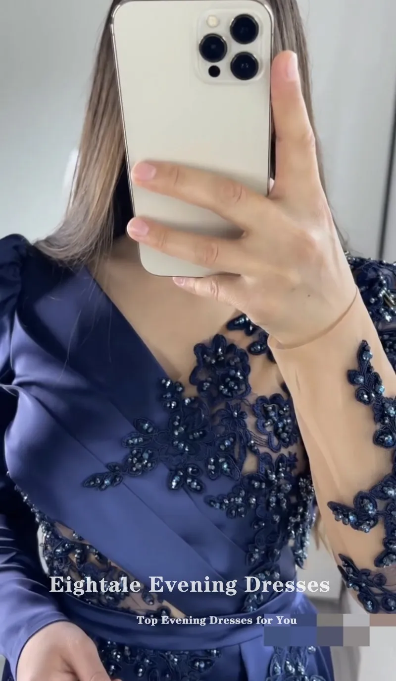 Eightale Blue Evening Dress for Wedding Party Satin Beaded Pearls Long Sleeves Pleats Elegant Mermaid Prom Gowns Celebrity Dress