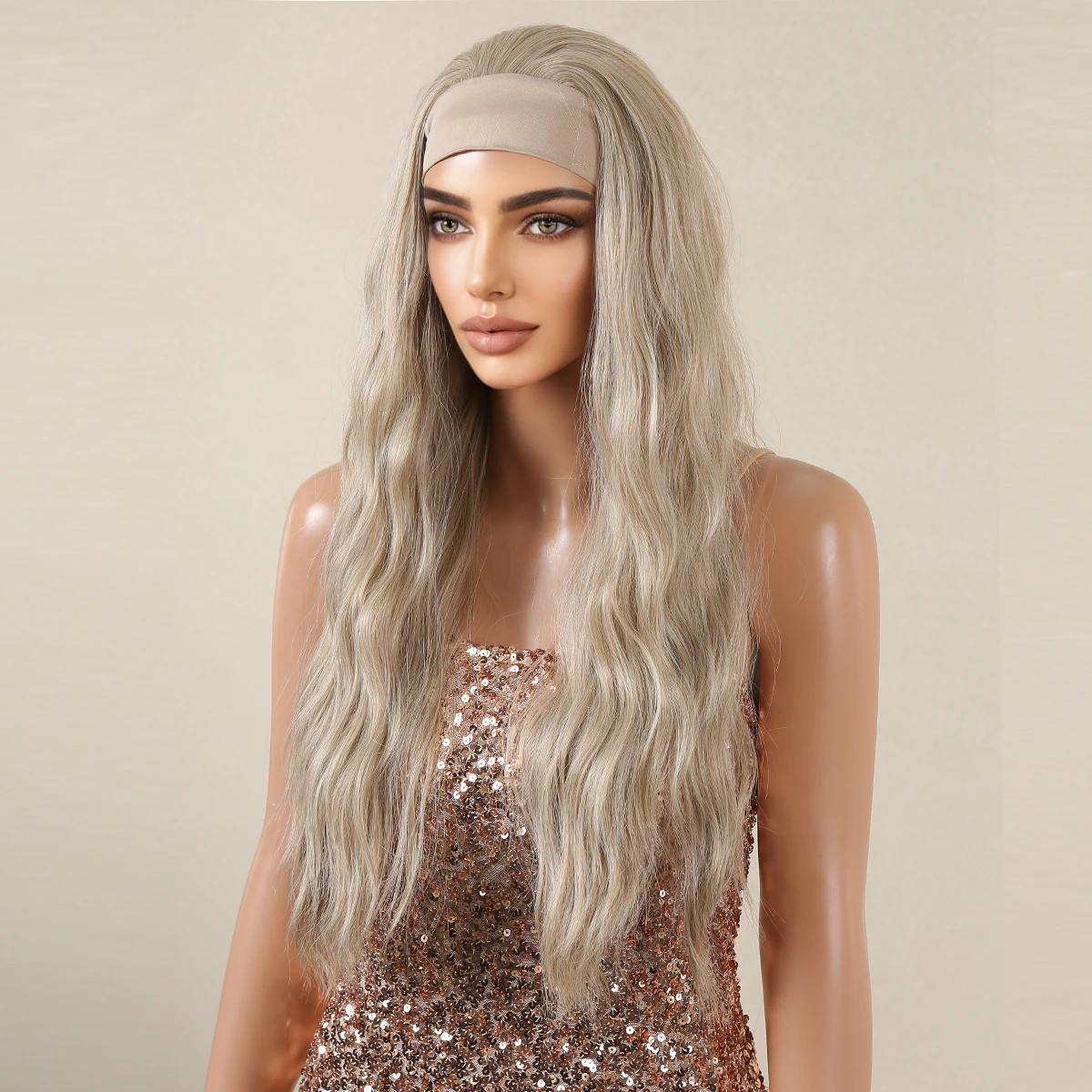 Blonde Synthetic Headband Wigs Long Water Wavy Wig for Women Daily Party Heat Resistant Fiber Natural Looking Realistic Hair