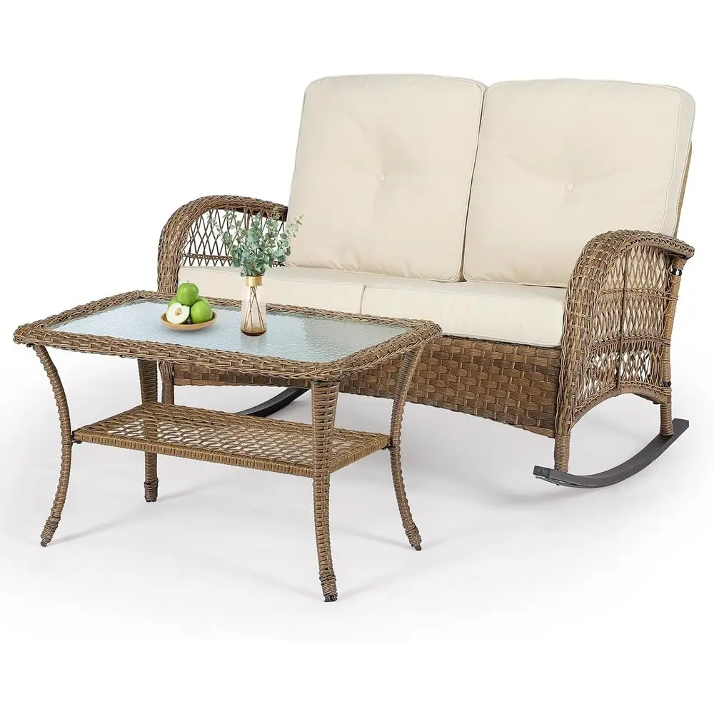 

2-Person Outdoor Wicker Rocking Sofa Set with Side Table and Cushions for Patio and Garden