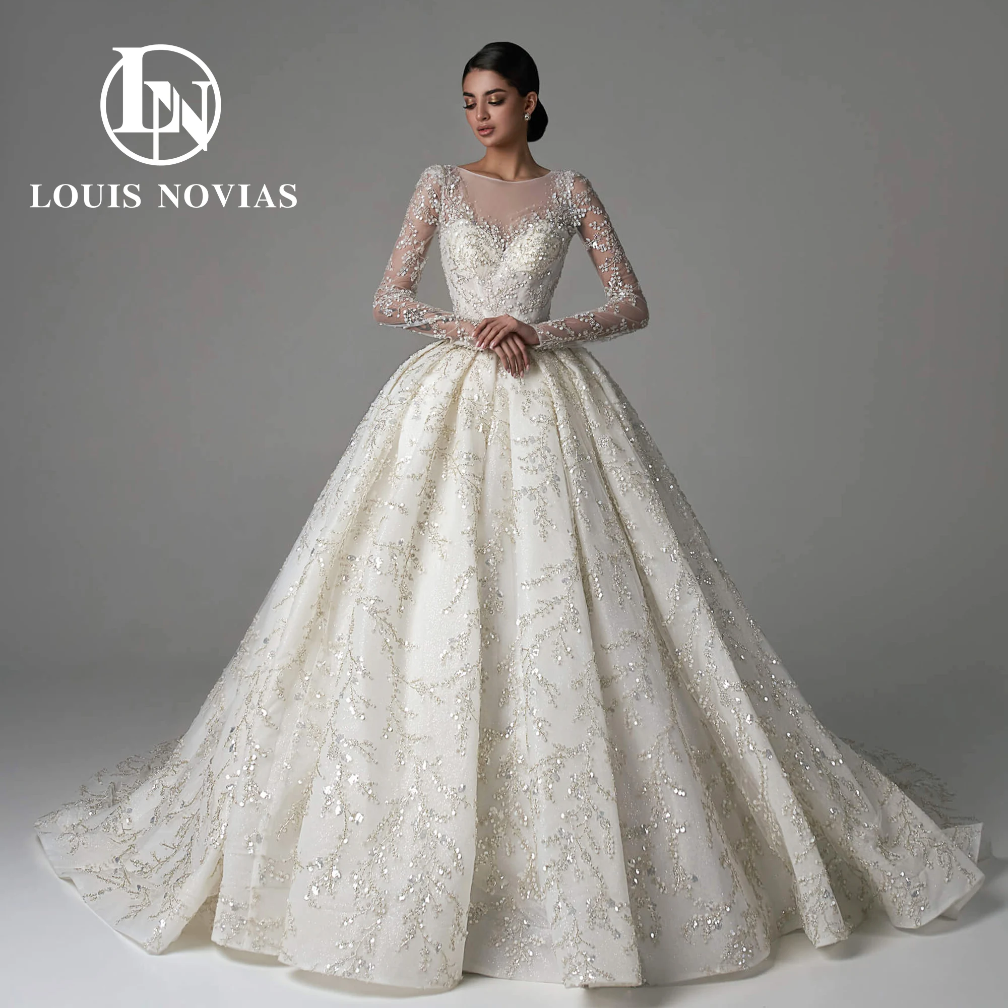

LOUIS NOVIAS Ball Gown Wedding Dress Sexy Long Sleeve Semi-Transparent Embroidery Champagne Fairy Wedding Gown Vestidos De Novia