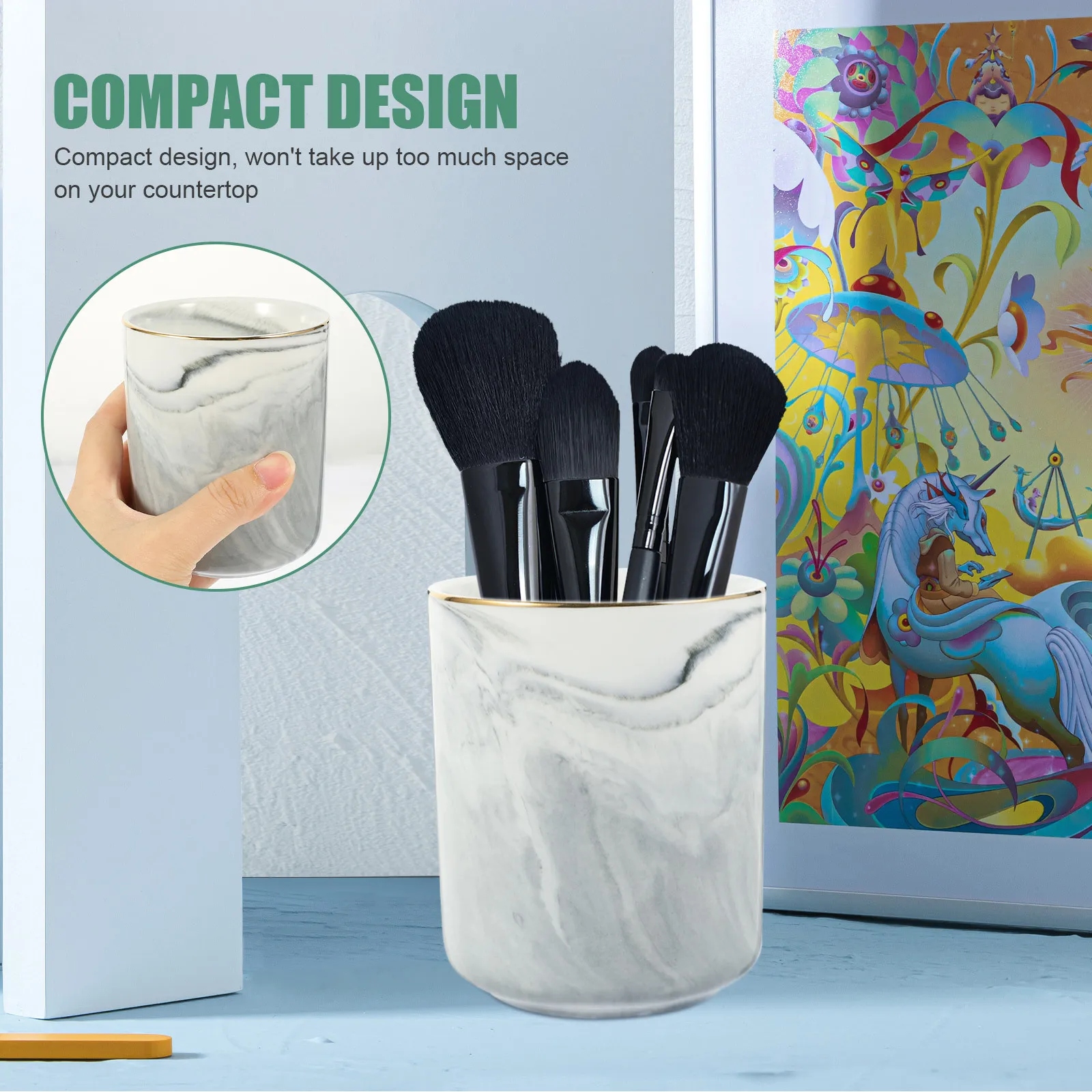 

Marbling Ceramic Pen Organizer Large Capacity Desktop Storage for Makeup Brushes Pens Home Office Decorative Accessory