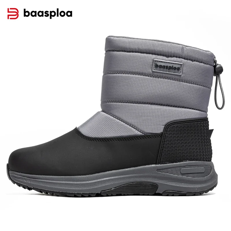 Baasploa Men Winter Cotton Shoes Plush Warm Snow Boots Zipper Male Comfort Leather Waterproof Ankle Boots Non-Slip Outdoor