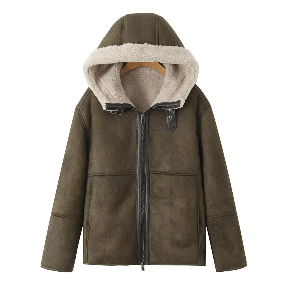 

Autumn New Product Women's Fashion Strap Decoration Color Contrasting Fleece Hoodie Double sided Long sleeved Jacket Coat