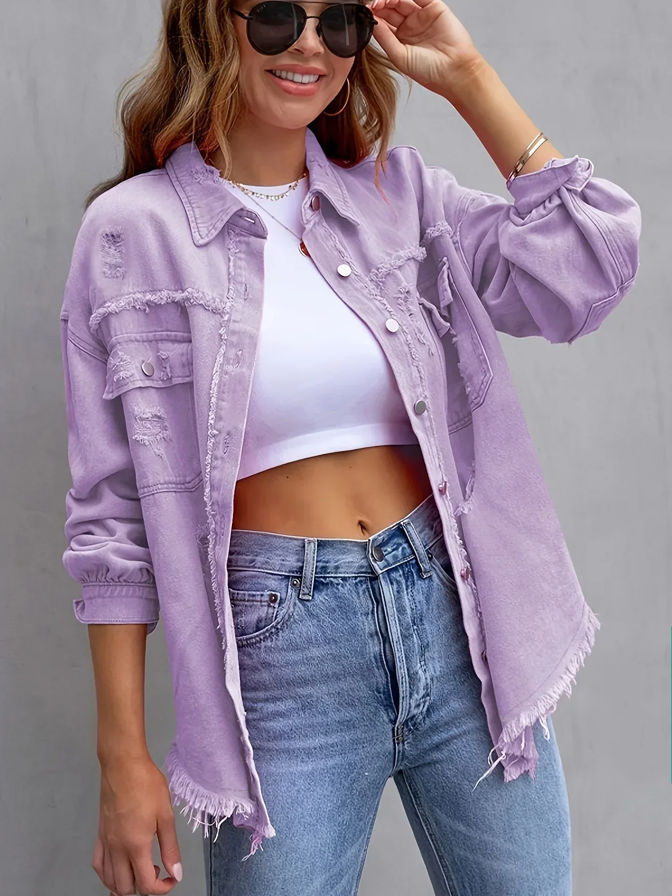 

Women Denim Jacket Coat Turn Down Collar Long Sleeve Holes Jackets Single Breasted Button Cardigan Outerwear Pockets Spring