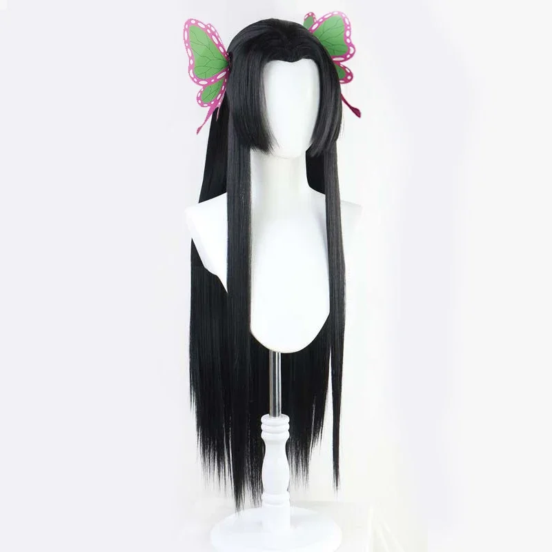 Kochou Kanae Cosplay Wig Black Long Straight Synthetic Hair Butterfly Headwear Hairpin Kimetsu No Yaiba Cosplay Costume Wigs