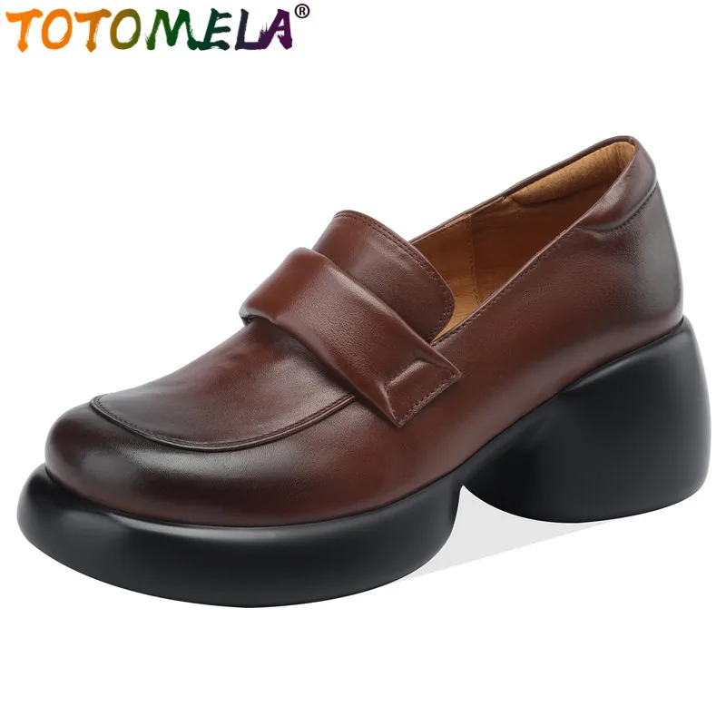 

TOTOMELA 2024 New Vintage Genuine Leather Women's Shoes Female Slip On Platform Single Shoes Square High Heels Loafers Shoes