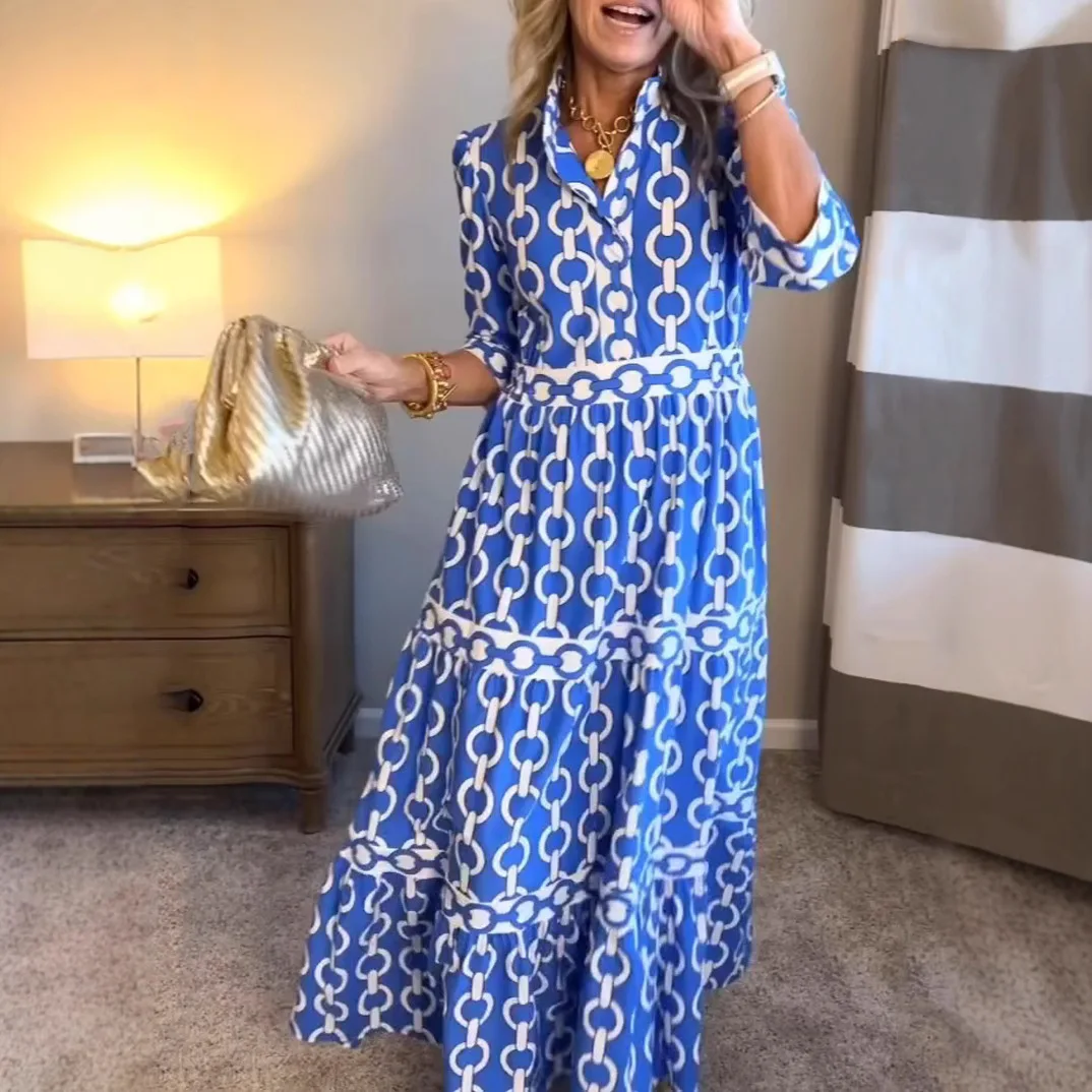 

Fashion Printed Lapel Half-sleeved Dress Women Summer Casual Loose Bohemian Long Skirt For Women 2025