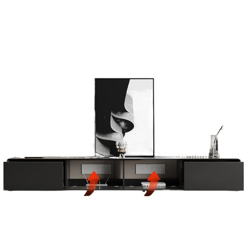 

Итальянский минималистичный шкаф для телевизора из массива дерева от пола до потолка, полая спинка, продвинутая маленькая квартира, матовая черная краска, телевизор
