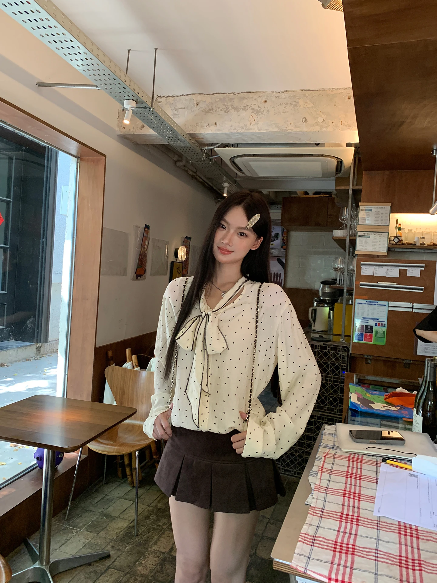 

Red Dot Long Sve irt Women's Early Autumn Polka Dot Small irt Lazy Sle Commute Sle Straight Tube irt