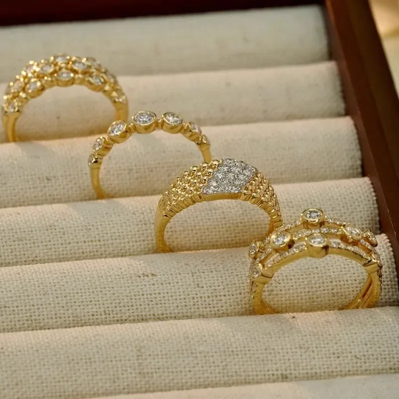 S925 Pure Silver Diamond Studded Ring Retro 18K Gold Plated Old Money Style Ring for Women Luxury and Classic Finger Accessory
