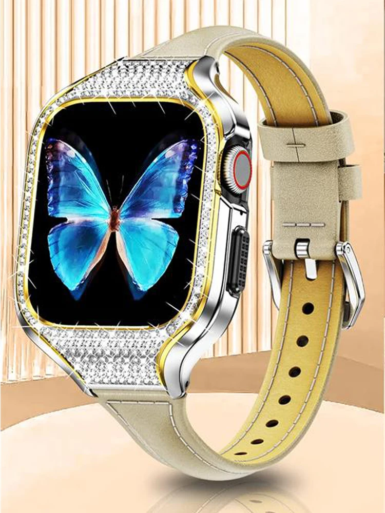 Bling Case+Leather Strap For Apple Watch Band 40mm 41mm Metal Stainless Steel Diamond cover+bracelet iwatch series se 7 6 5 4 8