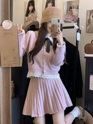 Korean Fashion New Women Two Piece Skirt Sets Girlish Long Sleeve Doll Collar Knitted Cardigans + A Line Mini Skirt Suit Chic