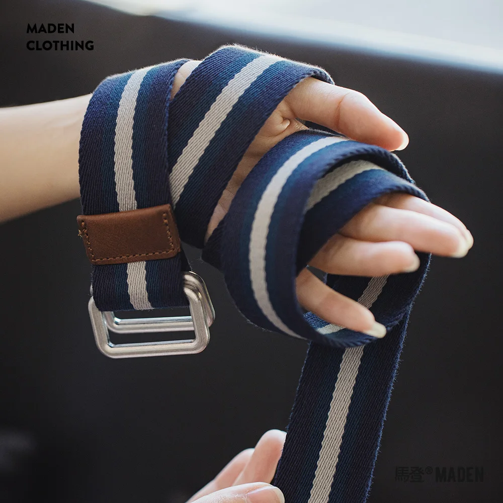 Maden Women's No-hole Blue and White Colorblocking Belts Double Ring Buckle Belt Retro Striped Woven Canvas Elastic Belt