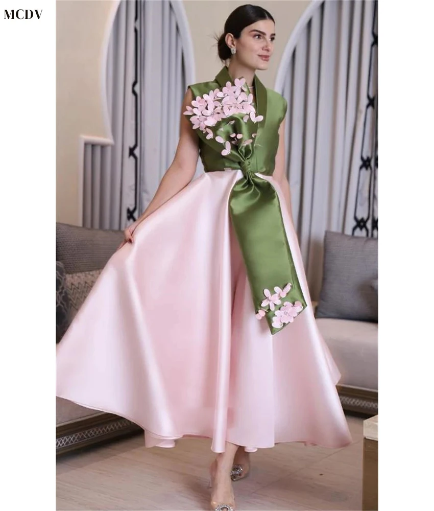 Customized Graceful Satin A-Line Crystal 3D Flowers Evening Dress Temperament V-Neck Sleeveless Ankle Length Celebrity Gowns
