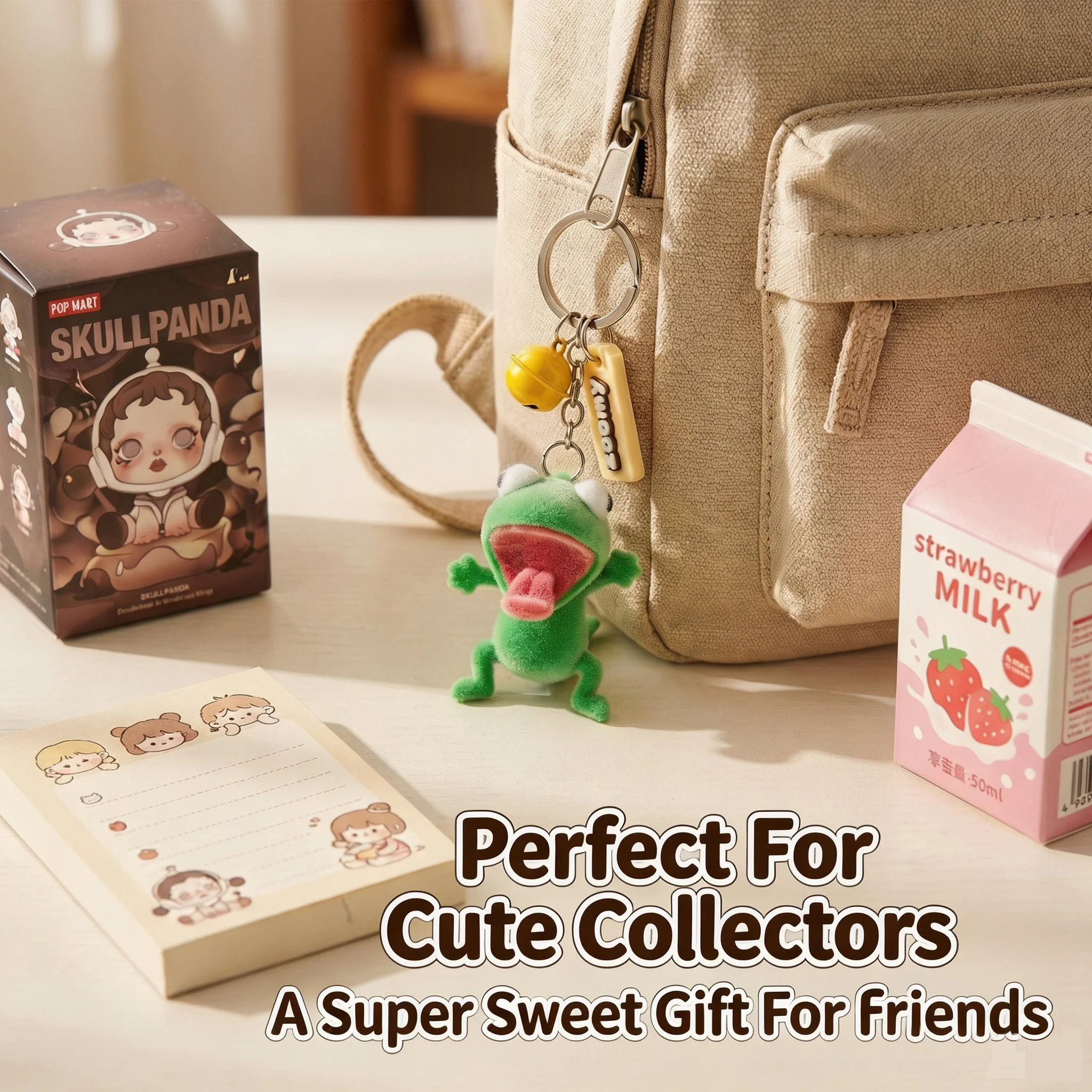 Funny Flocked Frog Keychain, Cute Tongue‑Out Frog Bag Charm with Bell Pendant, Novelty Key Ring for Backpack Keys Gift view 6