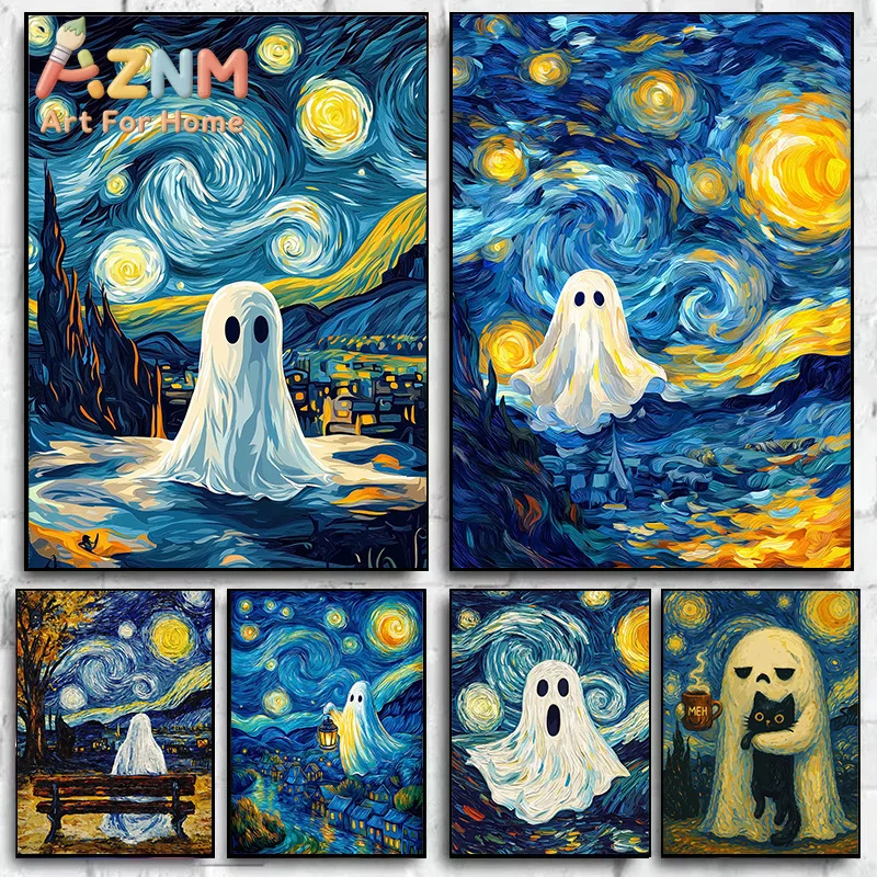 Classical Van Gogh Ghost Posters Halloween Starry Sky Ghost Canvas Prints Poster Abstract Canvas Wall Art for Living Room Decor
